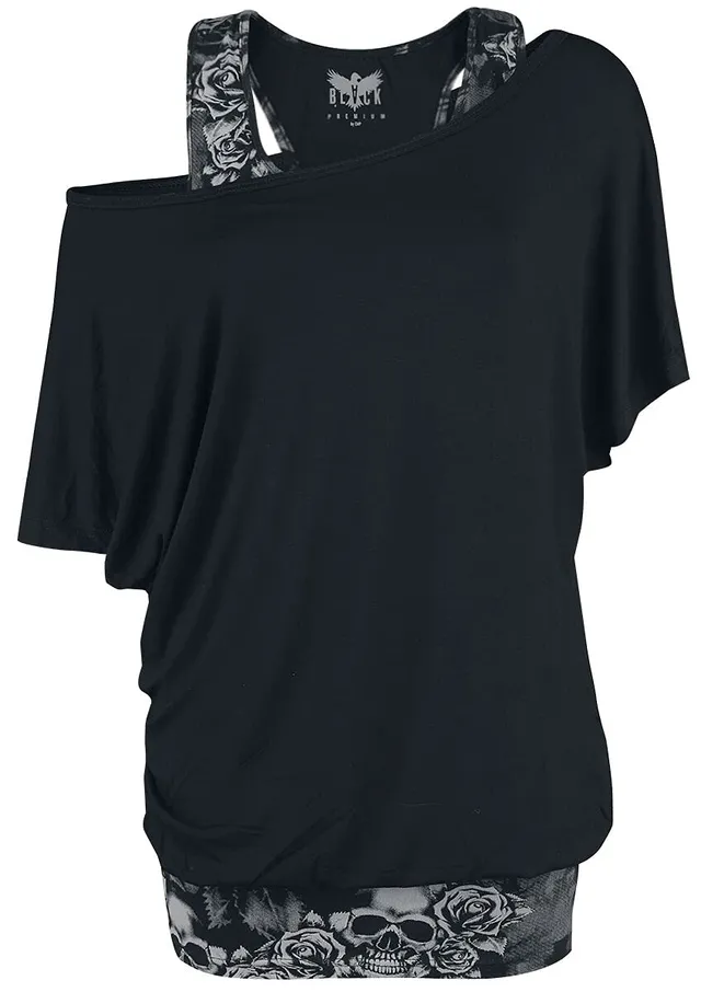 black-premium-by-emp-t-shirt-damen-l-double-layer-totenkopf image 1