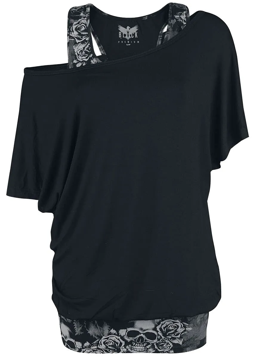 black-premium-by-emp-t-shirt-damen-l-double-layer-totenkopf image 1