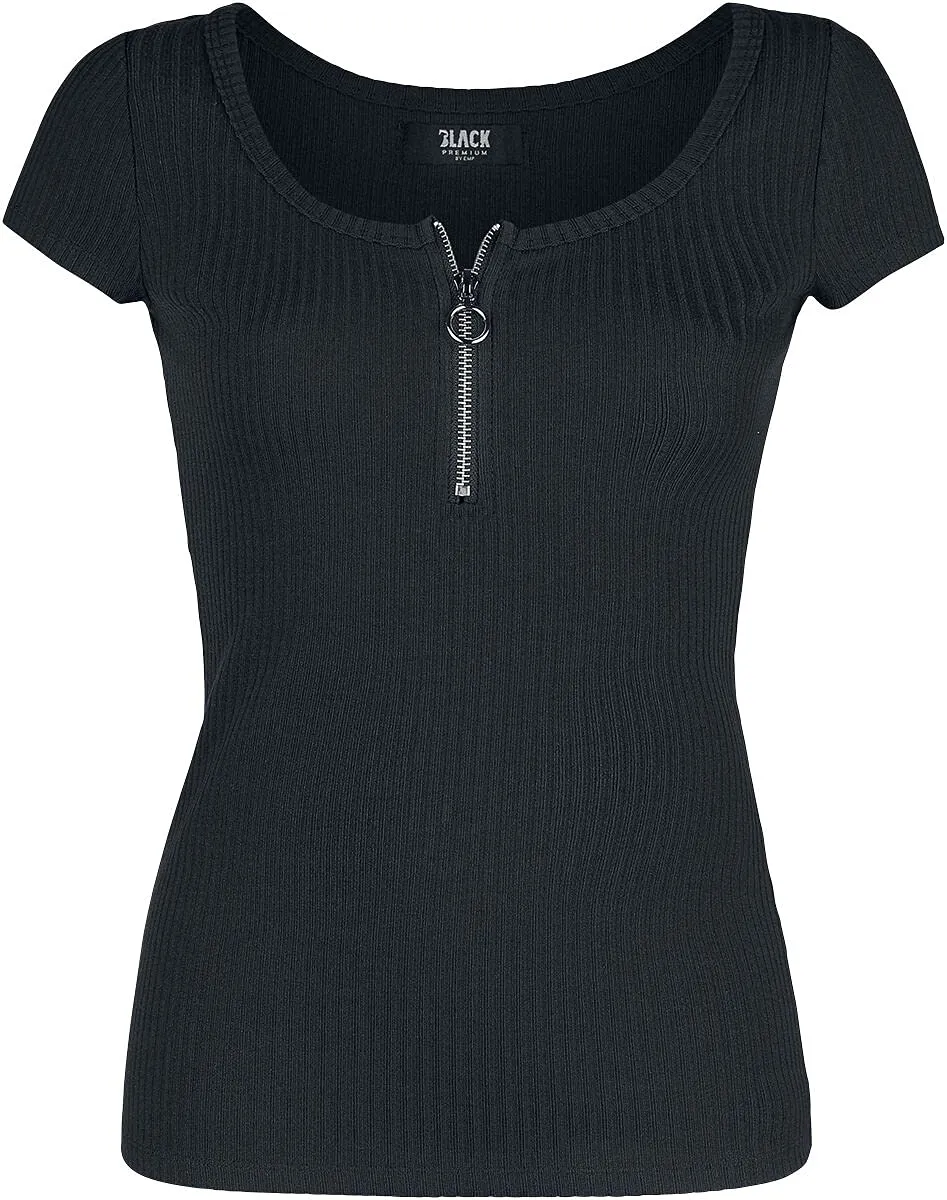 black-premium-by-emp-damen-t-shirt-schwarz-ripp-mit-rei-verschluss image 1