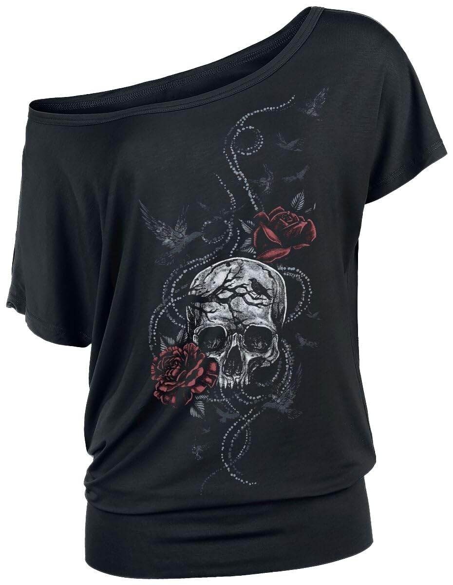black-premium-t-shirts-t-shirt-schwarz-m-totenkopf-rosen image 1
