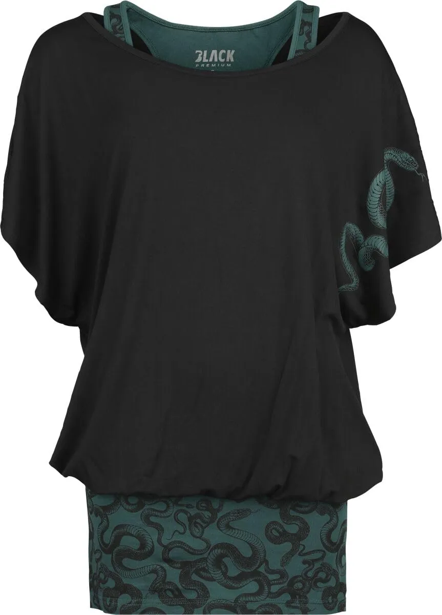 black-premium-by-emp-damen-t-shirt-schwarz-gr-n-schlangen image 1