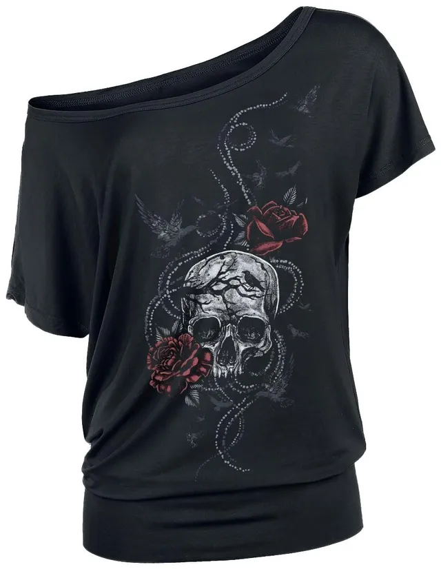 black-premium-t-shirts-t-shirt-schwarz-m-totenkopf-rosen image 1