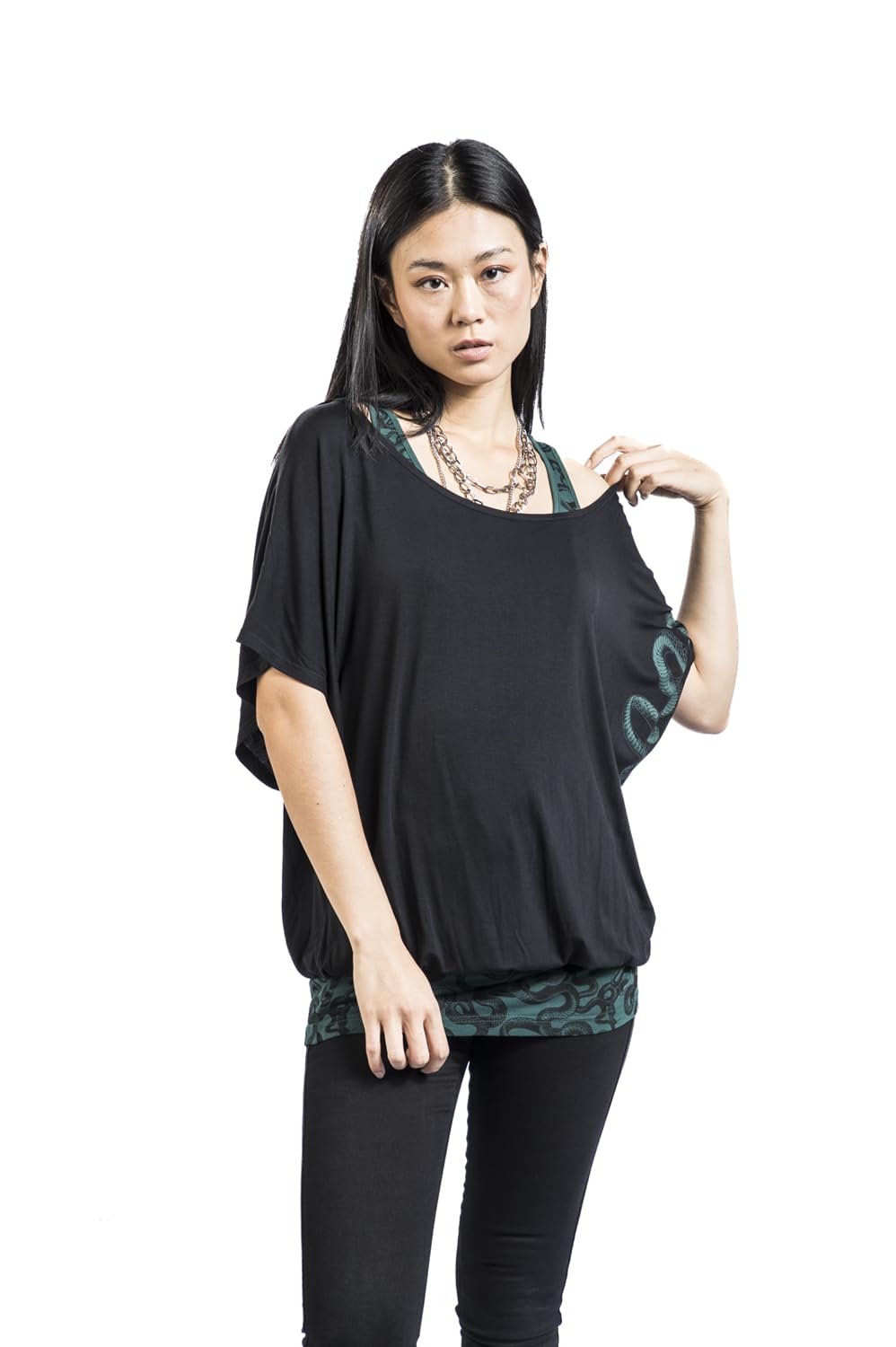 black-premium-by-emp-damen-t-shirt-schwarz-gr-n-schlangen image 7