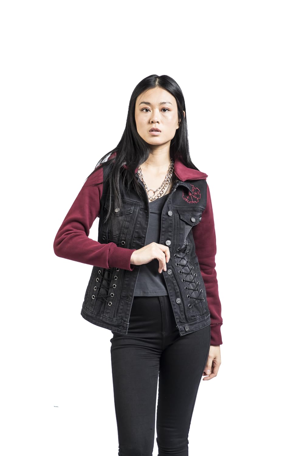 black-premium-damen-jeansjacke-schwarz-rot-kapuze-gr-e-m image 3