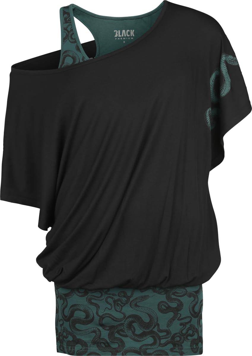 black-premium-by-emp-damen-t-shirt-schwarz-gr-n-schlangen image 4