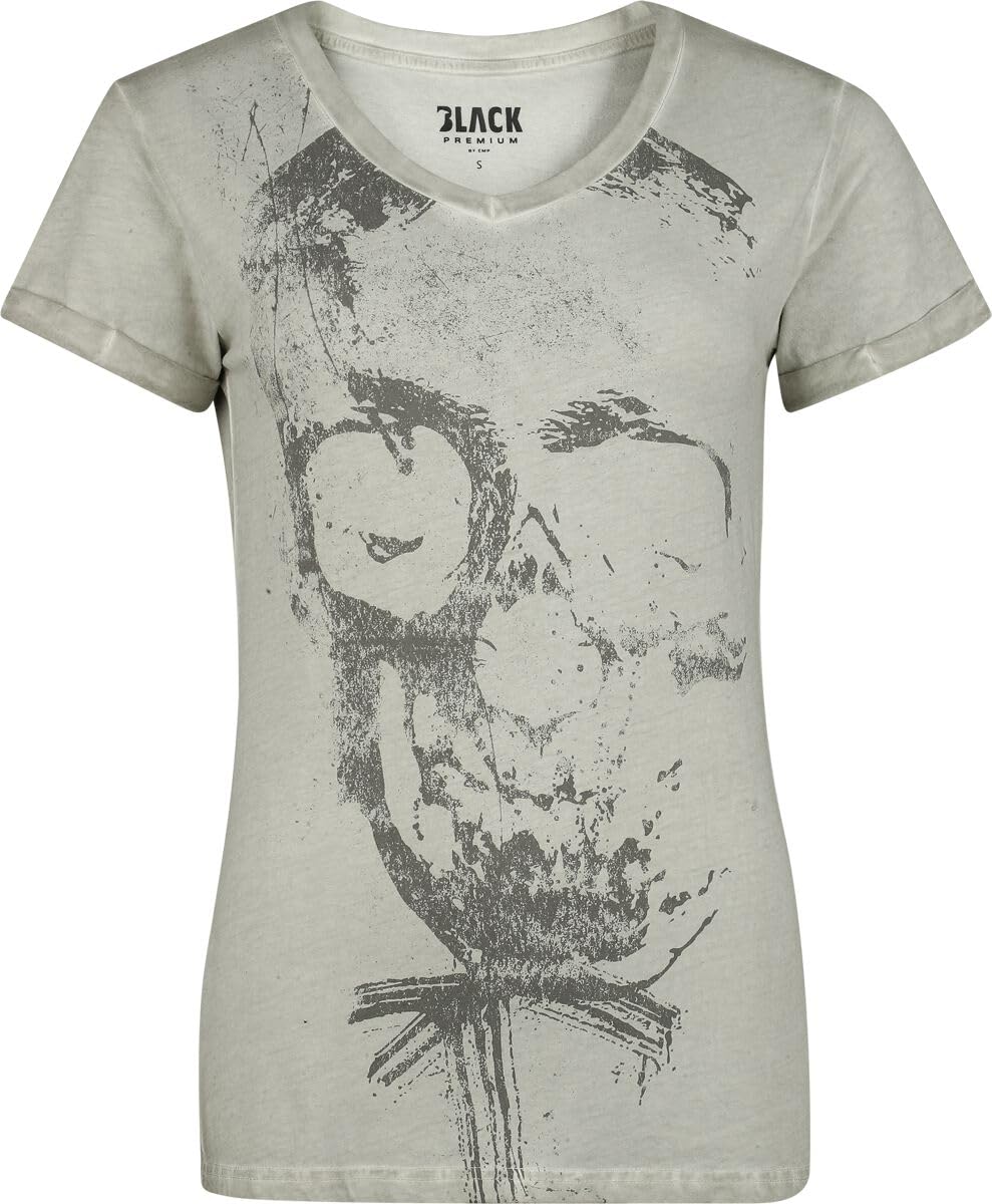 black-premium-by-emp-t-shirt-totenkopf-grau-damen-frontprint image 1