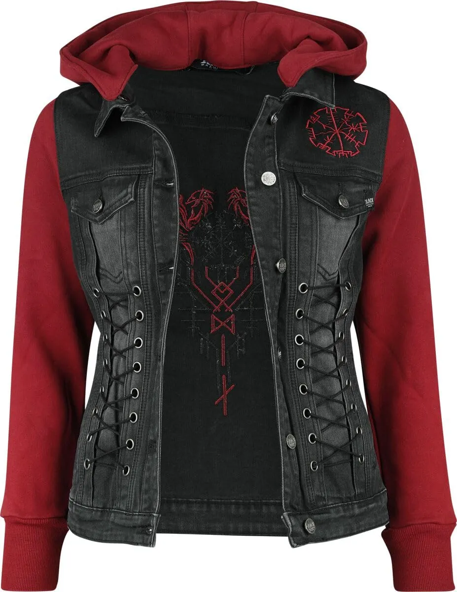 black-premium-damen-jeansjacke-schwarz-rot-kapuze-gr-e-m image 1