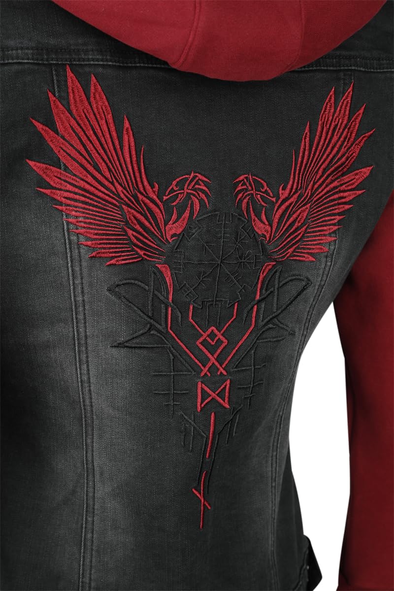 black-premium-damen-jeansjacke-schwarz-rot-kapuze-gr-e-m image 2