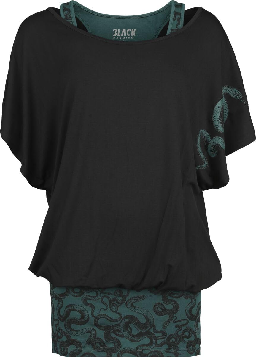black-premium-by-emp-damen-t-shirt-schwarz-gr-n-schlangen image 1